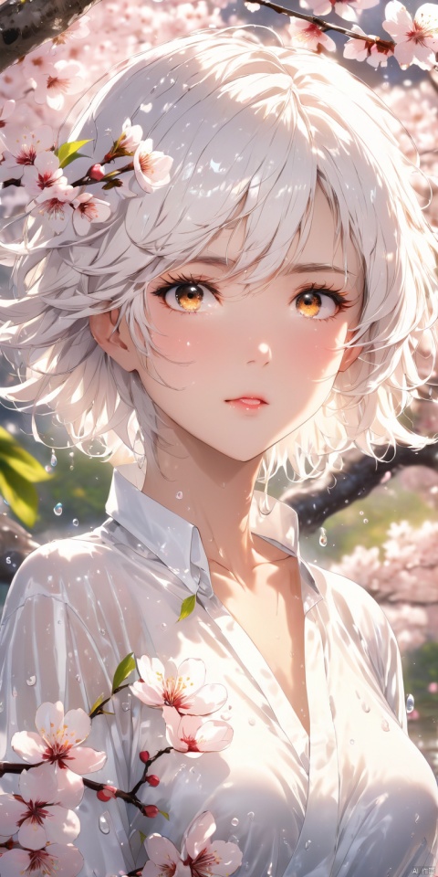  HD Ultra HD, highest quality girl masterpiece exquisite CG detailed facial description messy hair white short hair white pupils white transparent undershirt wet body perfect collarbone girl close-up cherry blossom tree (white transparent shirt covers the chest)