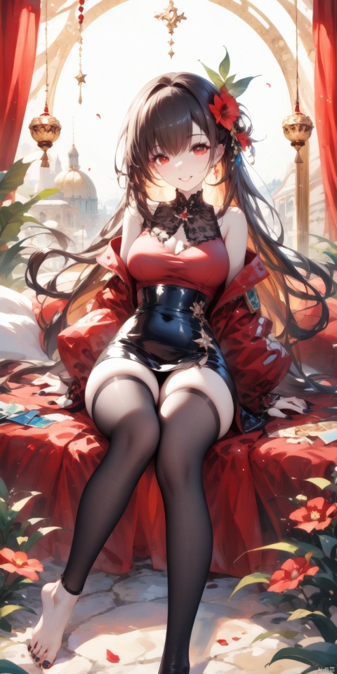  (best quality),(masterpiece),1girl, detached sleeves, solo, brown hair, smile, thighhighs, looking at viewer, toes, hair ornament, shirt, toenails, feet, nail polish, sitting, flower, barefoot, bow, toenail polish, sleeveless, hair flower, grin, bangs, black nails, long hair, red eyes, jewelry, black thighhighs, red shirt, toeless legwear, sleeveless shirt, brown thighhighs, maolilan