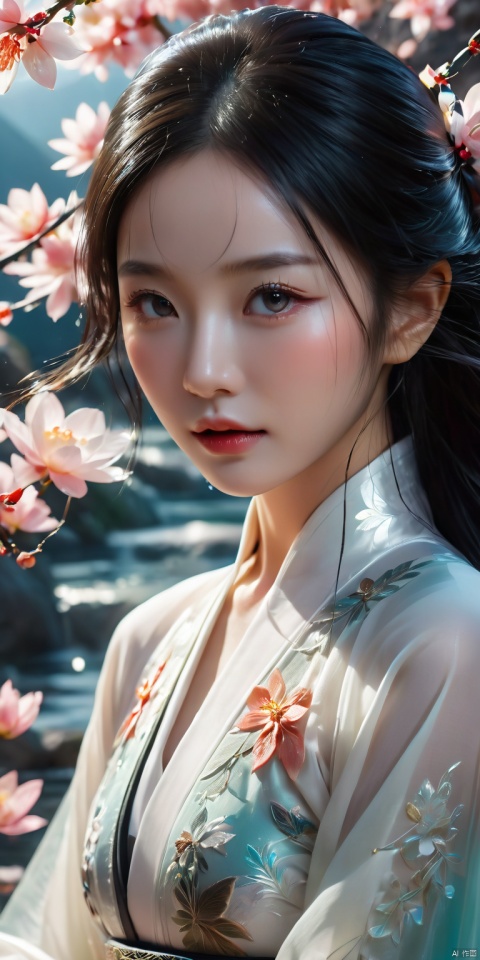  HD, CG, extreme details, HD, CG, extreme details, fairy style, an oriental beauty, exquisite facial features, clear pupils, moist lips, long black hair, white silk Hanfu, streamers, standing on a flying sword, emitting sword energy, flowers everywhere on the mountains, super detailed Details, ultra-high resolution, 8k, fisheye lens, beautiful, super detailed Details, ultra- high resolution, 8k, fisheye lens, beautiful, xihua