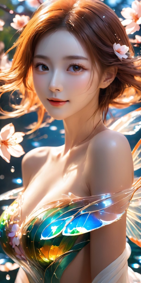  HD, CG, extreme details, fairy style, fisheye lens, exquisite facial features, clear pupils,professional camera, 8k photos, wallpaper,hunv, orange tails, 1girl,breast,upperbody,off shoulder,(man),kiss with a handsome man,eye contact,delicate face,smile,pretty legs,best light and shadow,cherry_blossom,the man is very handsome, 8k, xihua