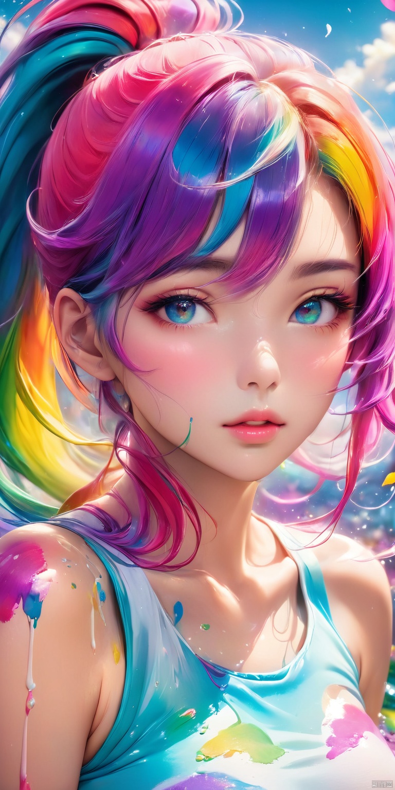  HD, CG, extreme details, fairy style, fisheye lens, exquisite facial features, clear pupils, moist lips, ((4k,masterpiece,best quality)), professional camera, 8k photos, wallpaper,Pink Fashion T-shirt:1.9),(Colorful hair: 1.8), (all the colours of the rainbow: 1.8),(((((vertical painting:1.6))), (painting:1.6),front, comics, illustrations, paintings, large eyes, crystal clear eyes,( rainbow color gradient high ponytail:1.7), exquisite makeup, closed mouth,(Small Fresh: 1.5),(Wipe Chest: 1.6) ,long eyelashes, white off shoulder T-shirt, White Shoulder Shirt,looking at the audience, large watery eyes, (rainbow colored hair:1.6), color splash, (solo:1.8), color splash, color explosion, thick paint style, messy lines, ((shining)),(colorful), (colorful), (colorful), colorful, Thick Paint Style, (Splash) (Color Splash), Vertical Painting, Upper Body, Paint Splash, Acrylic Pigment, Gradient, Paint, Highest Image Quality, Highest Quality, Masterpiece, Solo, Depth of Field, Face Paint, colorful clothes, (Elegant: 1.2), gorgeous,long hair, wind, (Elegant: 1.3), (Petals: 1.4),(((masterpiece))),(((best quality))),((ultra-detailed)),(illustration),(dynamic angle),((floating)),(paint),((disheveled hair)),(solo),(1girl) , (((detailed anima face))),((beautiful detailed face)),collar,bare shoulders,white hair, ((colorful hair)),((streaked hair)),beautiful detailed eyes,(Gradient color eyes),(((colorful eyes))),(((colorful background))),(((high saturation))),(((surrounded by colorful splashes))),, xihua