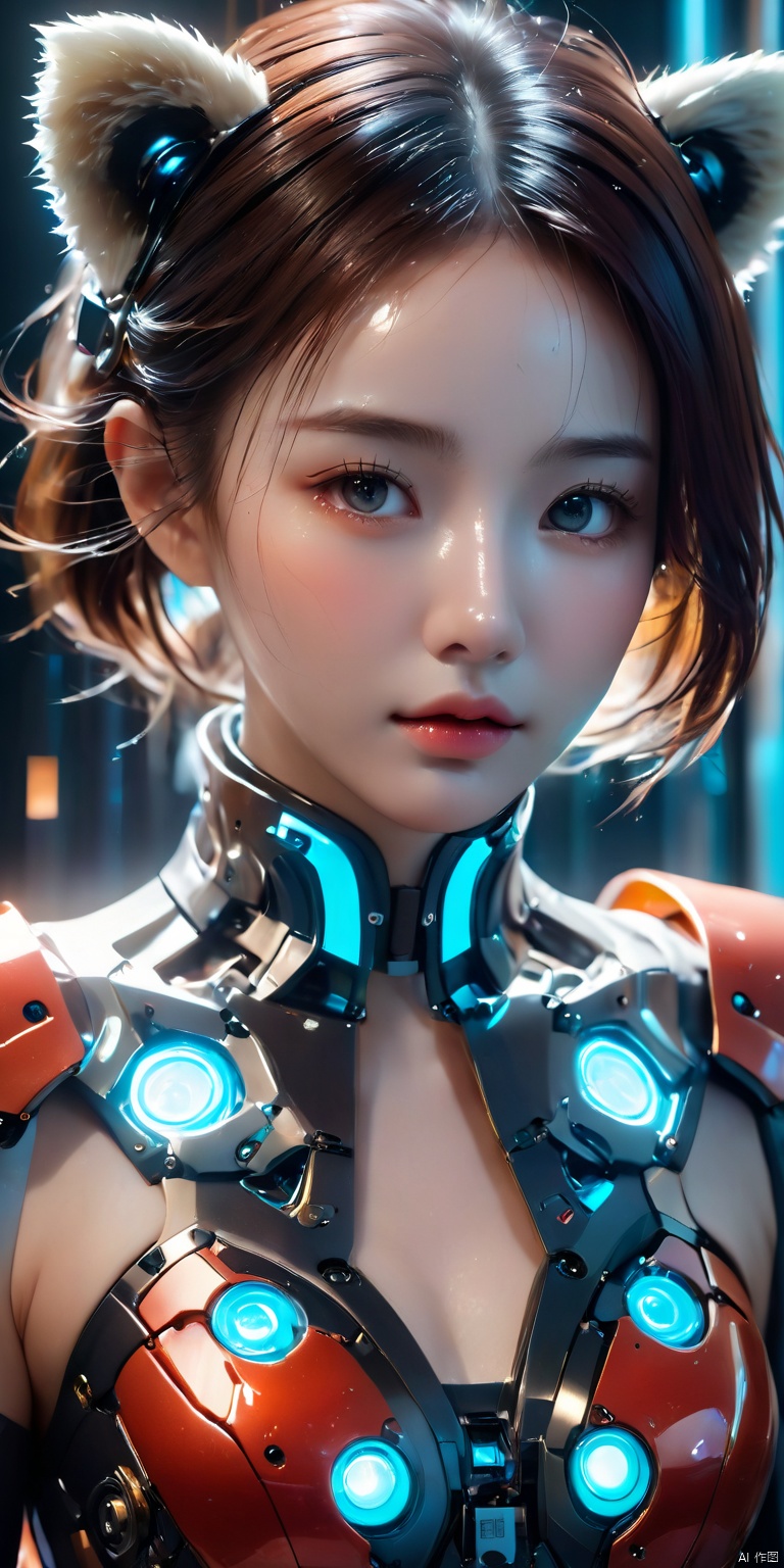  HD, CG, extreme details, fairy style, fisheye lens, exquisite facial features, clear pupils, moist lips, ((4k,masterpiece,best quality)), professional camera, 8k photos, wallpaper,  (((Cute girl's face, mechanical body))), cyberpunk mecha, (panda helmet), bright eyes, space background, detailed characterization, master level, mecha reflection, advanced rendering, sharp, The mecha is integrated with the body, clear bones, blood flow, exquisite facial features, colorful transparent infusion hose, ((Masterpiece)), illustration, best quality, very detailed CG unified 8k wallpaper, a very delicate and beautiful, game_cg, ((upper body)), cinematic lighting, hyper-realistic, (realistic style), solo, ultra-detailed, (telephoto lens), xihua