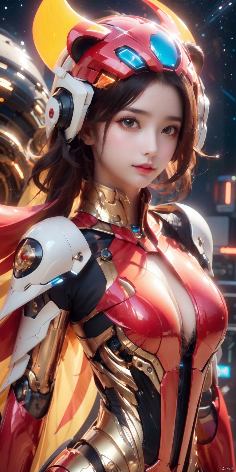 (((Cute girl's face, mechanical body))), cyberpunk mecha, (panda helmet), bright eyes, space background, detailed characterization, master level, mecha reflection, advanced rendering, sharp, The mecha is integrated with the body, clear bones, blood flow, exquisite facial features, colorful transparent infusion hose, ((Masterpiece)), illustration, best quality, very detailed CG unified 8k wallpaper, a very delicate and beautiful, game_cg, ((upper body)), cinematic lighting, hyper-realistic, (realistic style), solo, ultra-detailed, (telephoto lens)