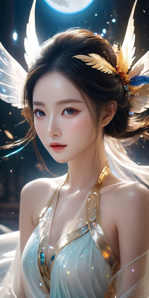  HD, CG, extreme details, fairy style, fisheye lens, exquisite facial features, clear pupils,professional camera, 8k photos, wallpaper,  Oriental myth, Chinese dream Dununhuang Flying sky, super delicate, crystal noble Gorgeous tulle light clothes, behind a pair of translucent gorgeous white wings, huge moon,soft light, gold wirvire Flying, white feathers, mystery, gems, smoke, Movie HD, lots of detail, surrealism, magic, U Unreal Engine, lighting--hd, 8k, xihua
