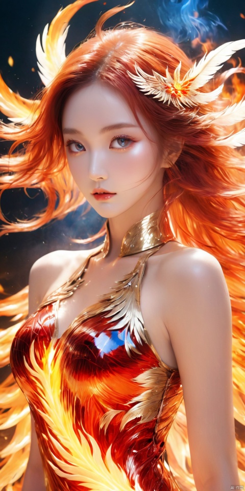 ((Masterpiece)), ((Extreme Resolution)),((Extremely clear)),((Handsome Beauty)),(Beauty with Phoenix Wings),(Phoenix),(((Crown of Phoenix Tail))),Light makeup,(Delicate face),Flame long hair,(long red hair),the Exquisite Face,The red pupil,((((feathers))),(((Phoenix Wings))),((((Fire Armor))),Hot and spicy,sexy,a plump breast,(Long thighs),elegant,The best quality,a complex background,Kunlun mountain