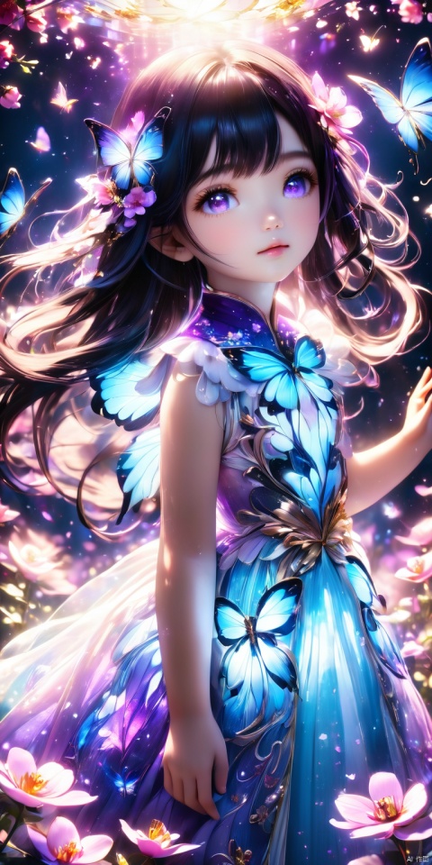  HD, CG, extreme details, fairy style, fisheye lens, exquisite facial features, clear pupils,professional camera, 8k photos, wallpaper,  high angel perspective ,glowing blue Butterflies flying around back facing long black hair little girl wearing glowing white crystalize ornate dress in flower blossom, cinematic lighting, 8k ultra realistic, purple magic aura, purple aura, foggy in rose blossom, 8k, xihua