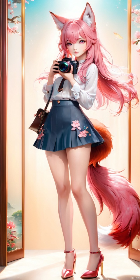  HD, CG, extreme details, exquisite facial features, clear pupils,professional camera, 8k photos, wallpaper, 1girl, solo, long hair, looking at viewer, bangs, skirt, holding, animal ears, tail, full body, pink hair, high heels, animal ear fluff, fox ears, fox tail, fox girl, 8k, xihua