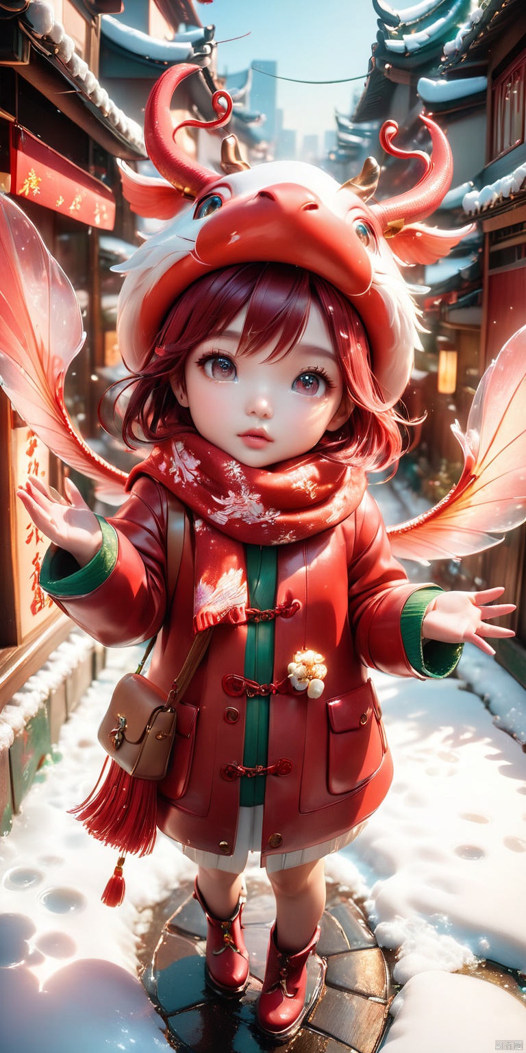  HD, CG, extreme details, fairy style, fisheye lens, exquisite facial features, clear pupils, moist lips, ((4k,masterpiece,best quality)), professional camera, 8k photos, wallpaper,masterpiece, best quality, ultra-detailed, detailed pupils, photography, pale, realistic skin texture, 1girl,Exaggerated perspective , ultra wide shot,reaching out hand,foreshortening, on the tokyo street, realistic, highres, female focus, solo,snowy day, scarf, hat, flying snow,fish-eye len,fish eye angle,A cute IP cartoon Chinese dragon, antlers, two hands,Pink dragon scales, standing, anthropomorphic, big eyes, bright light, beautiful light, cute, surreal,3D, C4D, octane render, clean background,Cute, festive, and festive for the Chinese New Year,With red color a girl formed of colored glaze, coloured glaze,jade,glass,translucent, coloured glaze, chibi, Ray Tracing, HDR, Illusory Rendering, Reasonable Design, High Detail, Masterpiece, Best Quality, Ultra high Definition, xihua