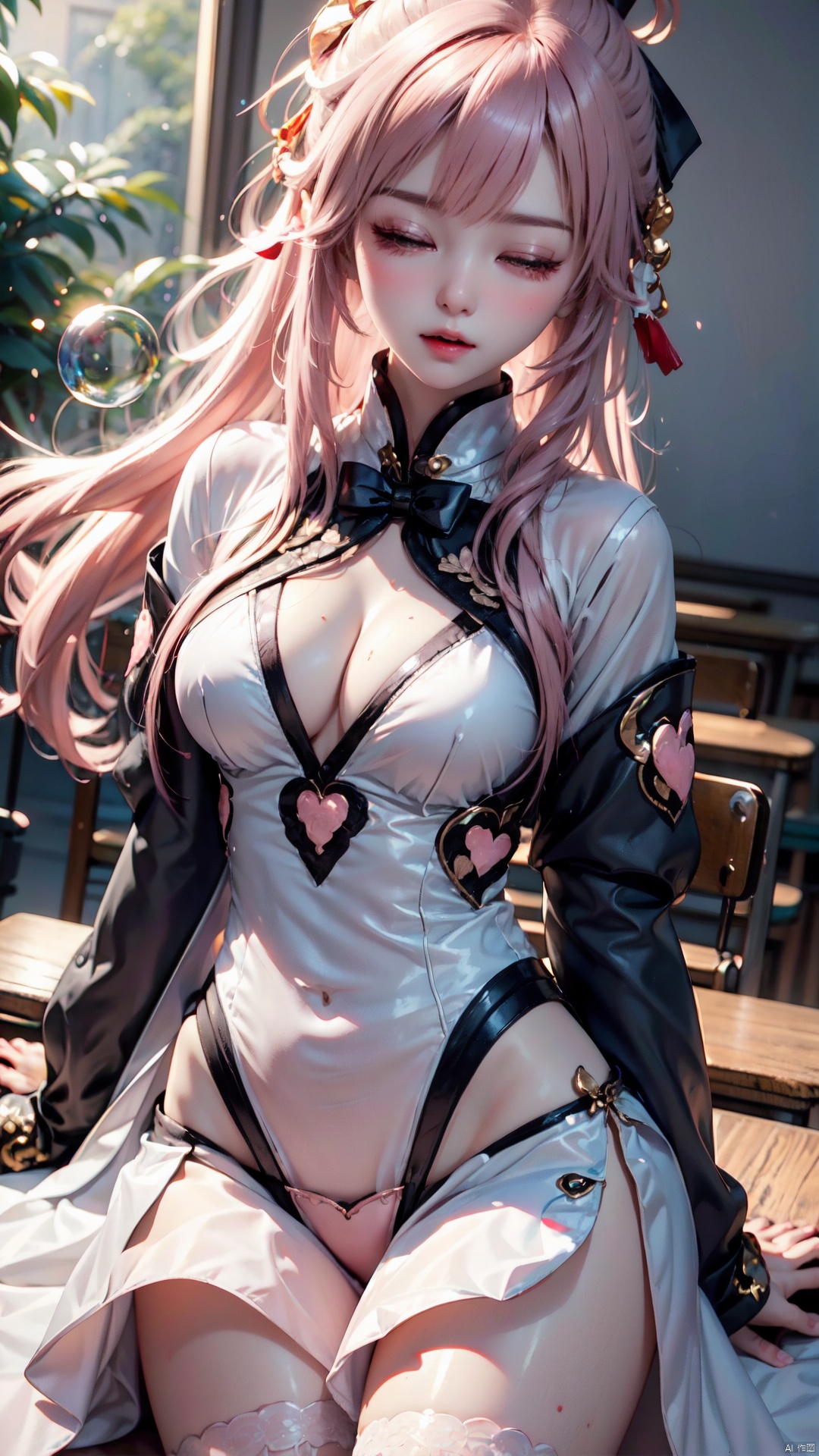  High quality, (((extreme detail))), charming beauty, delicate face, tender eyes, ((embroidered school uniform)), ((white stockings))((white pantyhose)), ((perfect body)), delicate skin, soft glow effect, delicate hair, delicate details, eye highlights, fair skin, fine portrayal, extreme detail, Movie quality, ((Black double ponytail), (pink bow)), Cute, petite, Slim, cute, hair clip, ((classroom)), (((drunk))), (((blush))), ((expression) of desire), ((for eyes)), (aquagradient Eyes), (((heart - shaped_pupils))), ((dof)), ray tracing, light and shadow, (backlight), (((blush))), ((drunk)), (((blush))), ((figure) models), pink eye, ((dof)), ray tracing, light and shadow, messy_hair,glowing eyes,(closed eyes),((heart-shaped_pupils)),(open mouth), slightly blushing,torogao,((bubbles of love floating)), xihua,Mecha, chinese clothes