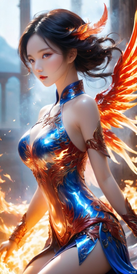 masterpiece, best quality, ultra-detailed, detailed pupils, photography, pale, realistic skin texture, beautiful oriental beauty, exquisite facial features, clear pupils, charming, whole body like lotion-like flames, flame wings, excellent figure , devil figure, bulging front and back, super big breasts, flame war skirt, crimson feather armor, metal full body armor, covered with blue flames, clear flame pupils, exquisite oriental face shape, heroic appearance, fighting posture, Yoga, show your figure, flames flowing all over your body, magnificent flame wings, ultra-fine details, perfect details, ultra-high resolution