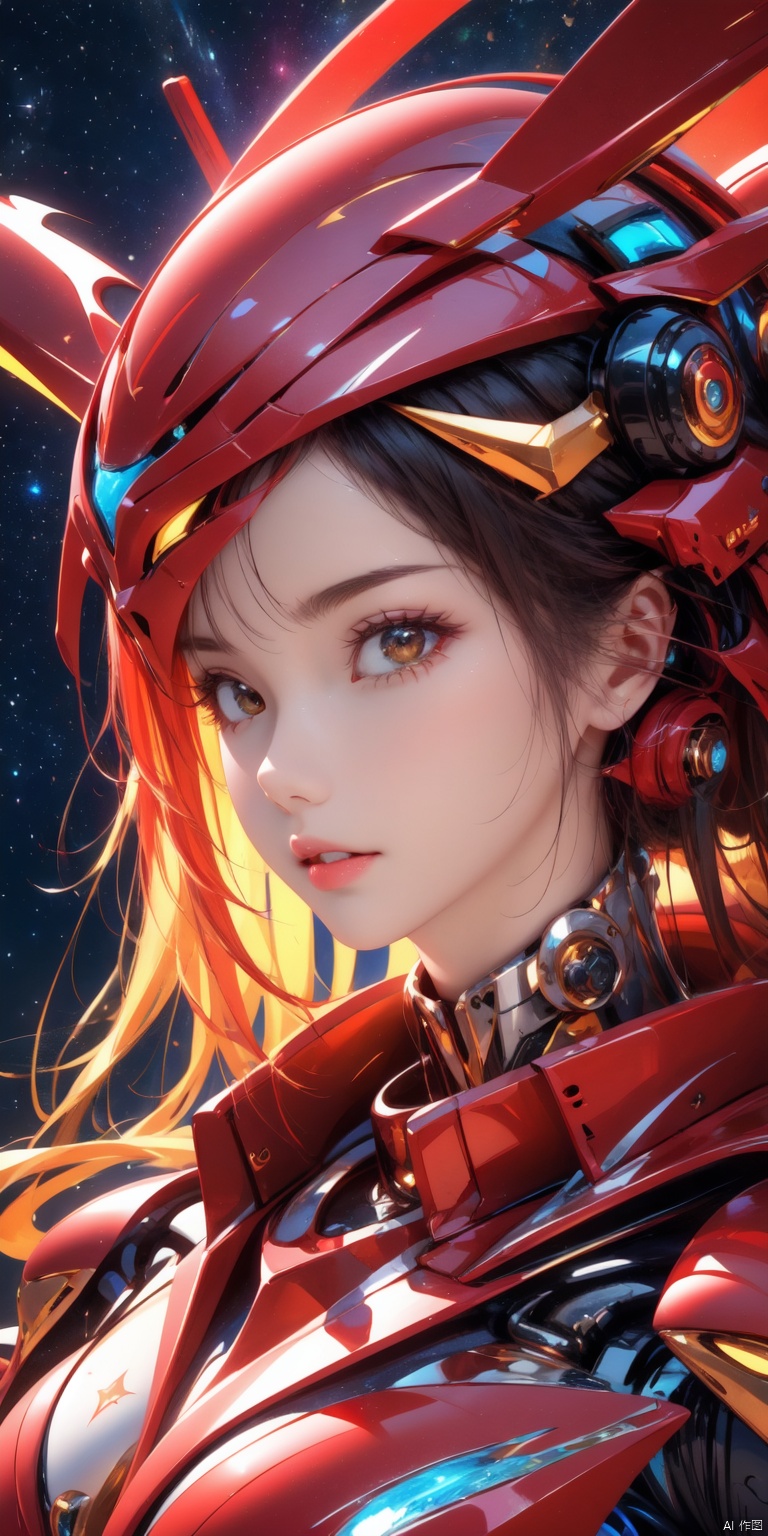 (((Cute girl's face, mechanical body))), cyberpunk mecha, (panda helmet), bright eyes, space background, detailed characterization, master level, mecha reflection, advanced rendering, sharp, The mecha is integrated with the body, clear bones, blood flow, exquisite facial features, colorful transparent infusion hose, ((Masterpiece)), illustration, best quality, very detailed CG unified 8k wallpaper, a very delicate and beautiful, game_cg, ((upper body)), cinematic lighting, hyper-realistic, (realistic style), solo, ultra-detailed, (telephoto lens)