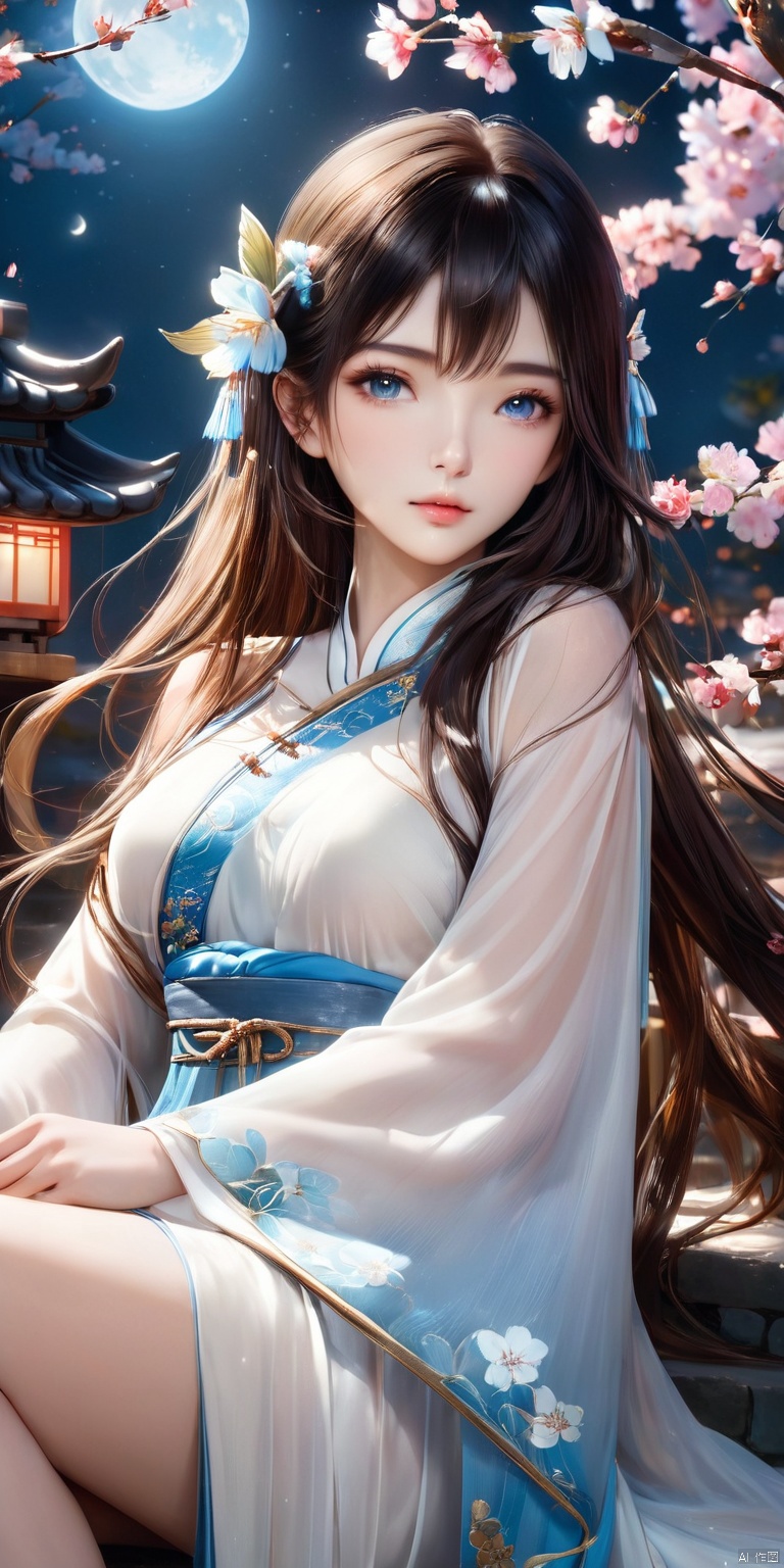 HD, CG, extreme details, fairy style, exquisite facial features,(super clear pupils), 8k, wallpaper, 1girl, solo, long hair, looking at viewer, blue eyes, brown hair, black hair, long sleeves, dress, holding, sitting, closed mouth, flower, wide sleeves, white dress, lips, night, chinese clothes, moon, cherry blossoms, full moon, stairs, branch, holding flower, 8k, xihua