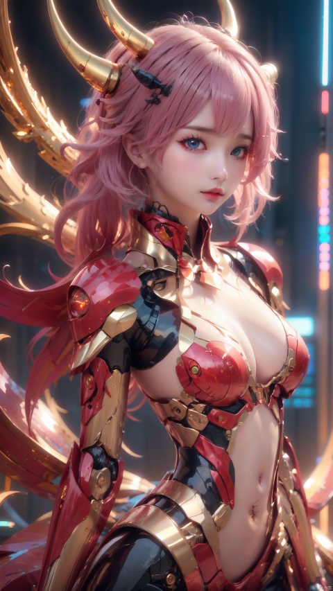 1girl, solo, breasts, looking at viewer, bangs, blue eyes, medium breasts, upper body, ponytail, pink hair, parted lips, horns, lips, headgear, black background, single horn, science fiction, android, joints, mechanical arms, robot joints, mechanical parts