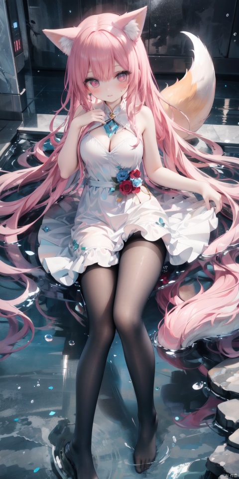  (League of Legends) Ali, big pink eyes, big watery eyes, lying in the sink, glamour pose, feet, princess dress, three lines on each cheek, animated GIF style, smooth and smooth lines, dark White and light bronze, precise and detailed, high resolution, WAVE, 3D, 8K, Full Body Shot, Ultra HD, background pool, long red hair, Fox tail, strong facial expression, charming, shy state, blush, 8K resolution, ripples on the water, left view, whole body photography,yuzu,white pantyhose