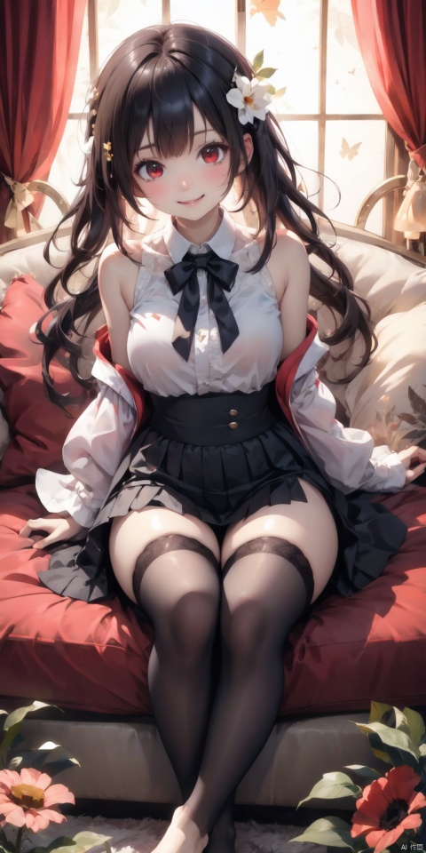  (best quality),(masterpiece),1girl, detached sleeves, solo, brown hair, smile, thighhighs, looking at viewer, toes, hair ornament, shirt, toenails, feet, nail polish, sitting, flower, barefoot, bow, toenail polish, sleeveless, hair flower, grin, bangs, black nails, long hair, red eyes, jewelry, black thighhighs, red shirt, toeless legwear, sleeveless shirt, brown thighhighs, maolilan