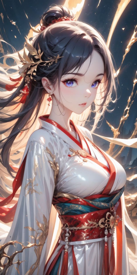 Q-version ancient style girl, with a side face and big eyes, purple silk, valley, visual impact, eye-catching, rich in details, warm colors, soft lighting, high saturation, andbeautifulemotions, hanfu