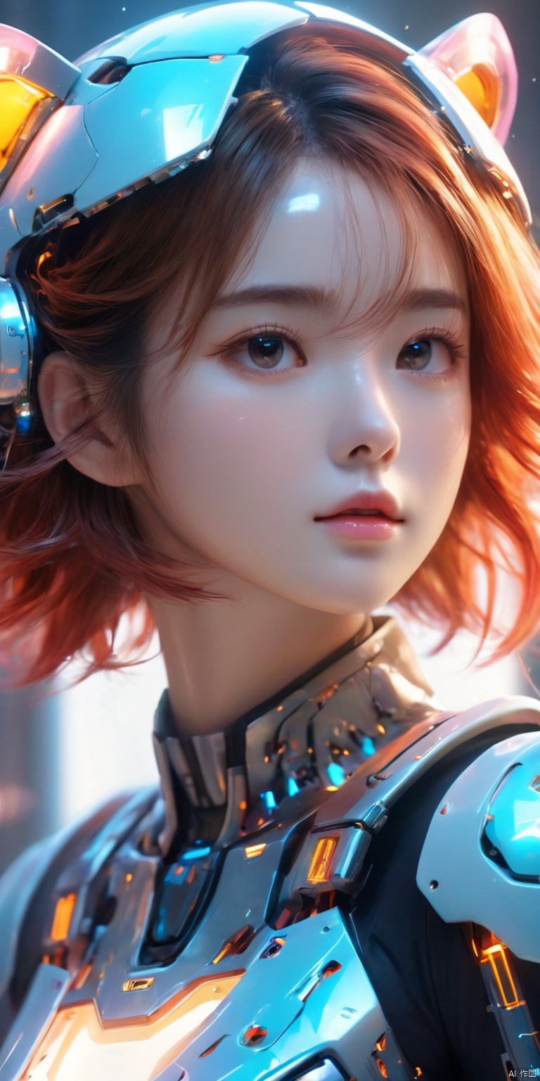 (((Cute girl's face, mechanical body))), cyberpunk mecha, (panda helmet), bright eyes, space background, detailed characterization, master level, mecha reflection, advanced rendering, sharp, The mecha is integrated with the body, clear bones, blood flow, exquisite facial features, colorful transparent infusion hose, ((Masterpiece)), illustration, best quality, very detailed CG unified 8k wallpaper, a very delicate and beautiful, game_cg, ((upper body)), cinematic lighting, hyper-realistic, (realistic style), solo, ultra-detailed, (telephoto lens)