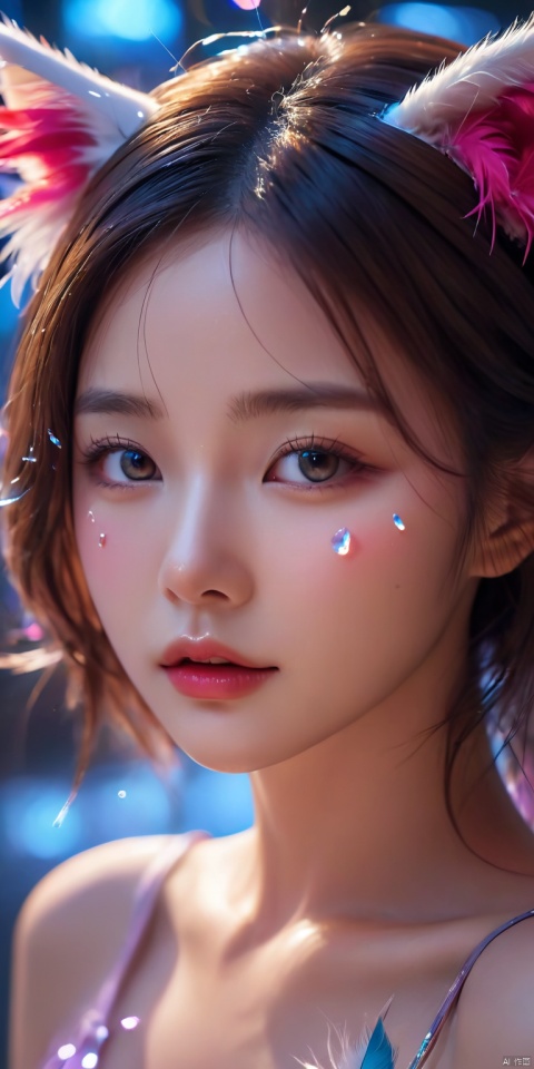  HD, CG, extreme details, fairy style, fisheye lens, exquisite facial features, clear pupils, moist lips, ((4k,masterpiece,best quality)), professional camera, 8k photos, wallpaper Masterpiece, best quality, extremely fine CG unified 8k wallpaper, very fine, texture, fine details, extremely fine and beautiful, delicate and beautiful face, 1 girl, cat ears, a girl with beautiful eyes and cat ears, surrounded by many feathers, with tears streaming down her face , night, bright colorful lights and many clouds, sky, city, ((super detailed details)), ultra- high resolution, 8k, fisheye lens, beautiful, xihua