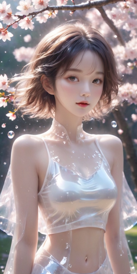  HD Ultra HD, highest quality girl masterpiece exquisite CG detailed facial description messy hair white short hair white pupils white transparent undershirt wet body perfect collarbone girl close-up cherry blossom tree (white transparent shirt covers the chest)