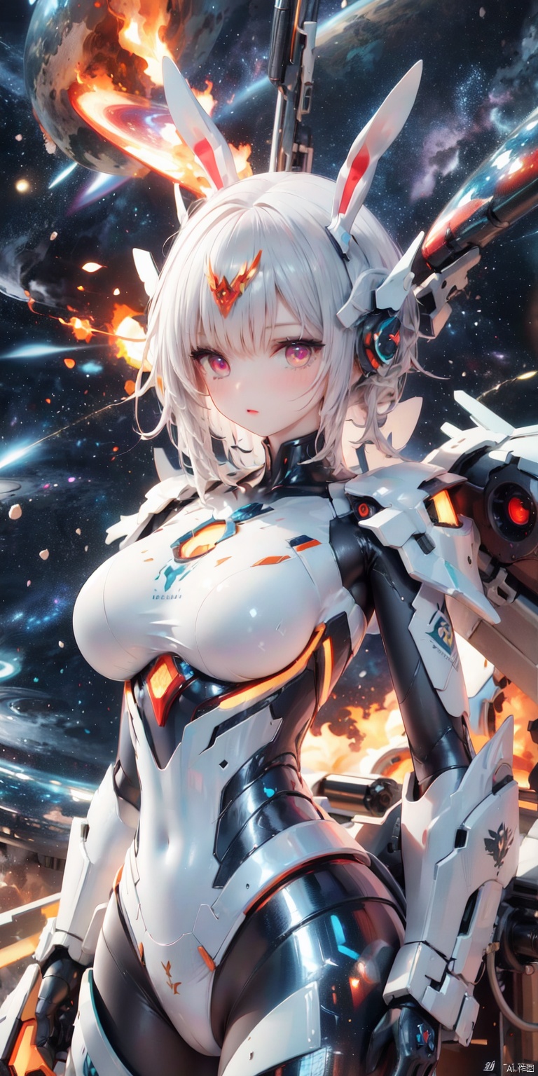 masterpiece,best quality,extremely high detailed,intricate,8k,HDR,wallpaper,cinematic lighting,(universe:1.4),Silver armor,glowing eyes,anthropomorphic rabbit mecha