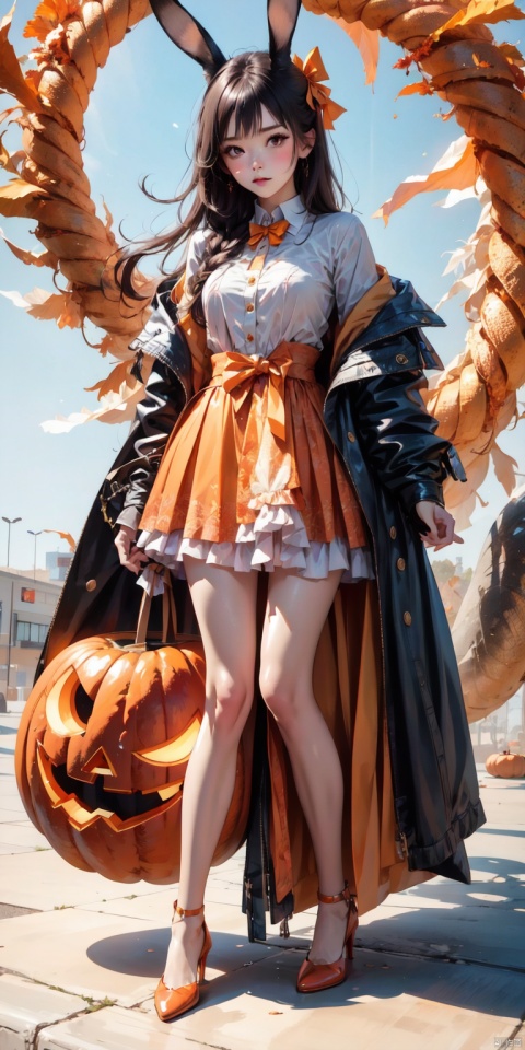  1girl,orange_bow,orange_dress,long_hair,solo,very_long_hair,halloween,orange_ribbon,animal_ears,bow,dress,orange_footwear,red_eyes,rabbit_ears,long_sleeves,full_body,shoes,white_legwear,jack-o'-lantern,white_background,looking_at_viewer,hair_bow,standing,brown_footwear,closed_mouth