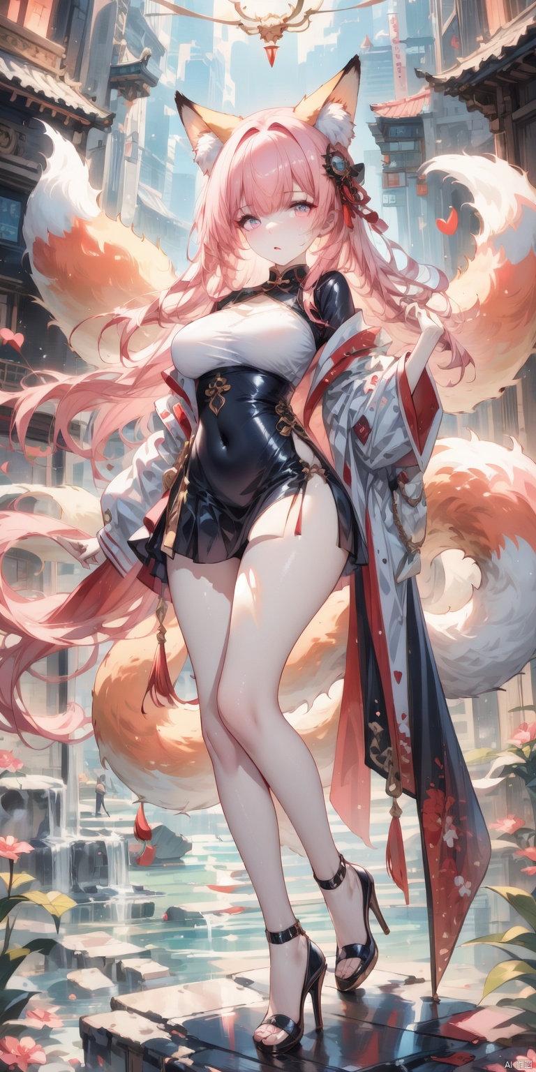 HD, CG, extreme details, exquisite facial features, clear pupils,professional camera, 8k photos, wallpaper, 1girl, solo, long hair, looking at viewer, bangs, skirt, holding, animal ears, tail, full body, pink hair, high heels, animal ear fluff, fox ears, fox tail, fox girl, 8k, xihua
