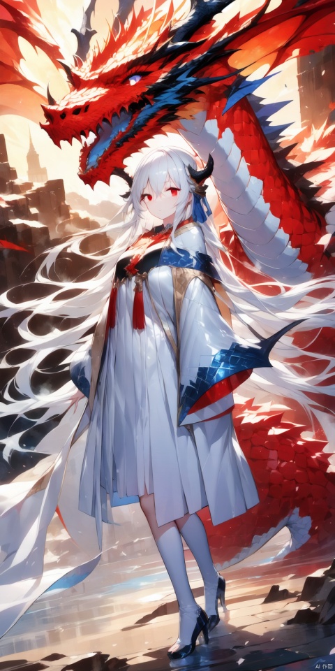 1girl,blue bow,red eyes,long hair,very long hair,long sleeves,solo,bow,hair between eyes,bangs,dress,white legwear,white hair,(a dragon:1),a Red and white dragon, big dragon