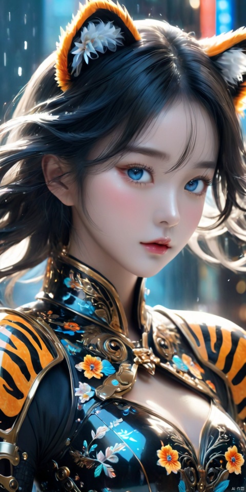  Color difference, soft light, (masterpiece), (best quality), (detail), (masterpiece), (high resolution), (perfect face), glowing eyes, ((Flower city)), (street), daytime, natural light, rain, reflection, blue eyes, Rococo, perspective, city street, ((1 girl)), blush, delicate facial portrayal, solo, 1 girl, 1/3 suit, cute, ultra high resolution, woman, (black clothes ), (collar), (Bright skin :1), (Bright skin :1.1), (Delicate beautiful eyes :1.2)8K resolution, best picture quality (masterpiece), best quality, beautiful woman, youthful and beautiful beauty, (bishoujo), (masterpiece, best quality, official art, extremely detailed CG8k wallpaper), game_CG, exquisite and beautiful masterpiece, details, 3D rendering, 3A masterpiece, thick paint, highest quality, black armored and sassy female general , long black hair, fluffy black tiger ears, exquisite and beautiful big eyes, misty pupils, ((glossy light-colored lips)), (detailed facial features), ((elegant embroidered tiger cloak)) , ((luminous black tiger pattern armor)), (black tiger pattern greaves), good figure, ((black tiger tail behind)), (((mecha female general))), mechanical high heels, mechanical outerwear Skeleton armor, black painted body, black eyes, neck protectors, tactical leg knee pads, ((single exoskeleton armor)), mechanical headgear, black mechanical clothes, chest mechanical armor, 8K resolution, best image quality (Masterpiece), Best Quality, (Octane Rendering), (Masterpiece, Best Quality, Official Art, Extremely Detailed CG8k Wallpapers)