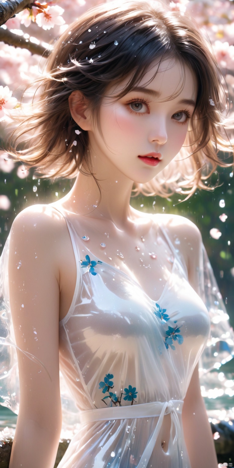  HD Ultra HD, highest quality girl masterpiece exquisite CG detailed facial description messy hair white short hair white pupils white transparent undershirt wet body perfect collarbone girl close-up cherry blossom tree (white transparent shirt covers the chest),,dress