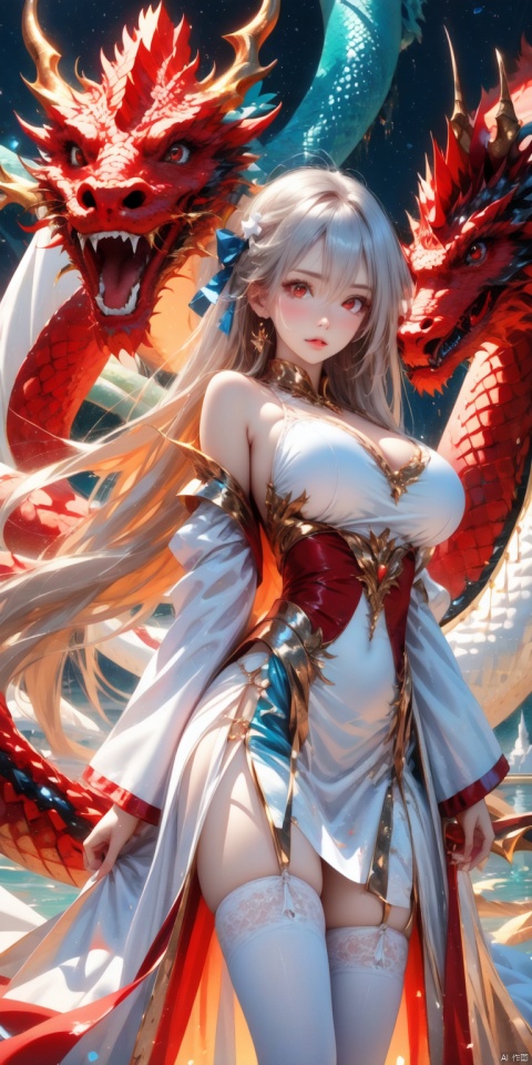 1girl,blue bow,red eyes,long hair,very long hair,long sleeves,solo,bow,hair between eyes,bangs,dress,white legwear,white hair,(a dragon:1),a Red and white dragon, big dragon