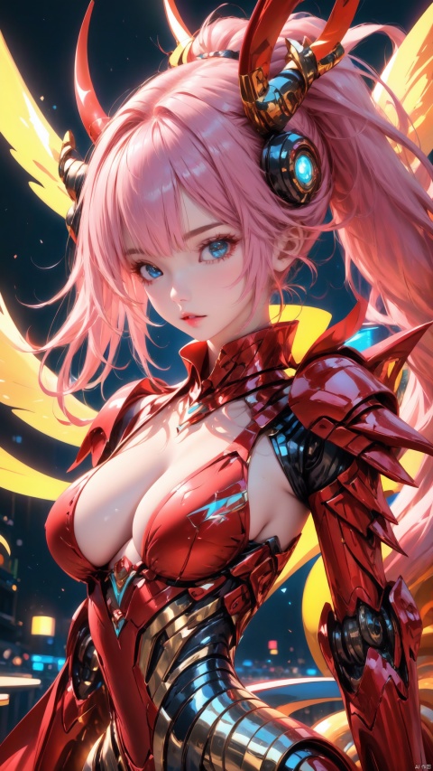 1girl, solo, breasts, looking at viewer, bangs, blue eyes, medium breasts, upper body, ponytail, pink hair, parted lips, horns, lips, headgear, black background, single horn, science fiction, android, joints, mechanical arms, robot joints, mechanical parts