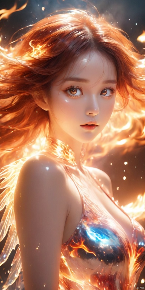 masterpiece, best quality, ultra-detailed, detailed pupils, photography, pale, realistic skin texture, 1girl, Simple background, indoor, lying, on back, from front, blush, brown eyes, close-up, uncensored, clear background, Glowing particles, lightning and thunder, messy hair, Phoenix, Solo, charming woman, ((flame women's war skirt)), messy flame long hair, glowing hair, floating hair, red pupils, flame tube top, Full body flames, beautiful detailed eyes, beautiful detailed face, ((flame wings)), ((transparent flame wrap)), phoenix behind, HD, ultra HD, 16K high quality, highest quality, masterpiece, masterpiece, top CG rendering, brilliant flame wings, exquisite facial features, big ((real eyes)), crystal pupils, messy hair, exquisite appearance, beautiful eyes, long eyelashes, silver pupils, light makeup, hot Body, light pink skin is delicate, smooth and reflective, perfect collarbone, (transparent flame lace scarf), flame silk tube top, ((full breasts)) (large size breasts), ((flame ketone body)), (full The body with flames is hot and enchanting), the light pink skin is delicate, smooth and shiny, the perfect figure, (glossy thighs), (((full body photo))), ((full body flame battle skirt)), hot, close Photography, realistic, real texture, real photos, cinematic feel, high quality, studio lighting, telephoto, depth of field, large depth of field masterpiece, top CG rendering, highest image quality, ultra-clear, flame beauty