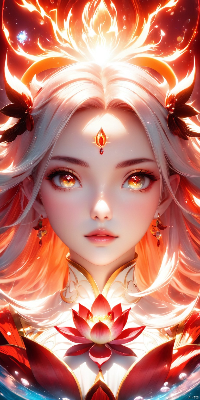  HD, CG, extreme details, fairy style, fisheye lens, exquisite facial features, clear pupils,professional camera, 8k photos, wallpaper,  Through HD CG, the beautiful Light Klein Albedo Red Lotus Goddess in the light Klein Elbedo Fire, Crystal Clear, Volume Light, Lightning Effects, 8K, Ultra HD, Blizzard style art trend, luminous fog, volume light, volume light HD, 8k, xihua