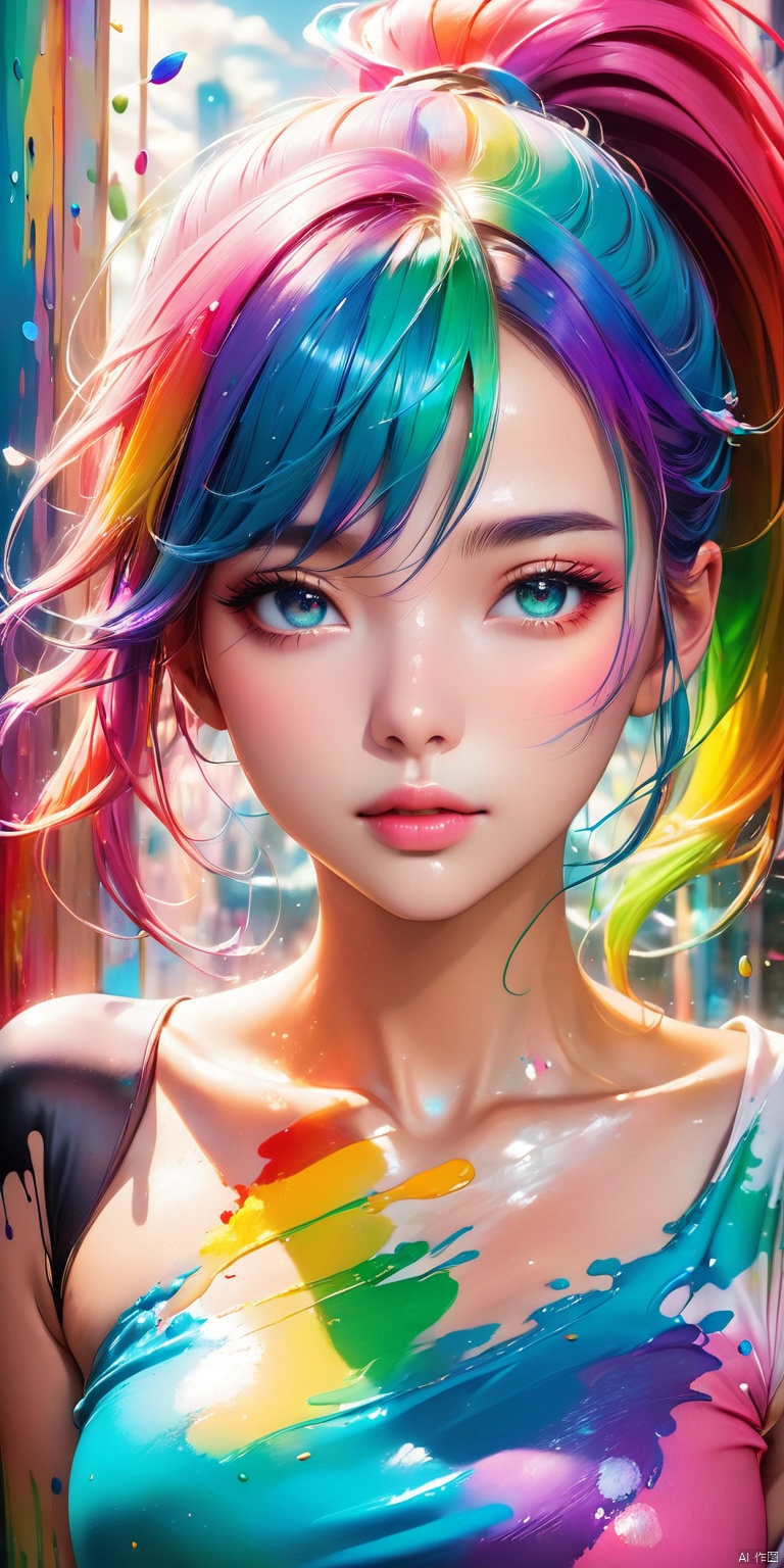  HD, CG, extreme details, fairy style, fisheye lens, exquisite facial features, clear pupils, moist lips, ((4k,masterpiece,best quality)), professional camera, 8k photos, wallpaper,Pink Fashion T-shirt:1.9),(Colorful hair: 1.8), (all the colours of the rainbow: 1.8),(((((vertical painting:1.6))), (painting:1.6),front, comics, illustrations, paintings, large eyes, crystal clear eyes,( rainbow color gradient high ponytail:1.7), exquisite makeup, closed mouth,(Small Fresh: 1.5),(Wipe Chest: 1.6) ,long eyelashes, white off shoulder T-shirt, White Shoulder Shirt,looking at the audience, large watery eyes, (rainbow colored hair:1.6), color splash, (solo:1.8), color splash, color explosion, thick paint style, messy lines, ((shining)),(colorful), (colorful), (colorful), colorful, Thick Paint Style, (Splash) (Color Splash), Vertical Painting, Upper Body, Paint Splash, Acrylic Pigment, Gradient, Paint, Highest Image Quality, Highest Quality, Masterpiece, Solo, Depth of Field, Face Paint, colorful clothes, (Elegant: 1.2), gorgeous,long hair, wind, (Elegant: 1.3), (Petals: 1.4),(((masterpiece))),(((best quality))),((ultra-detailed)),(illustration),(dynamic angle),((floating)),(paint),((disheveled hair)),(solo),(1girl) , (((detailed anima face))),((beautiful detailed face)),collar,bare shoulders,white hair, ((colorful hair)),((streaked hair)),beautiful detailed eyes,(Gradient color eyes),(((colorful eyes))),(((colorful background))),(((high saturation))),(((surrounded by colorful splashes))),, xihua