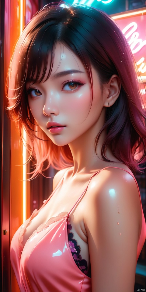  HD, CG, extreme details, fairy style, fisheye lens, exquisite facial features, clear pupils, moist lips, ((4k,masterpiece,best quality)), professional camera, 8k photos, wallpaper,HK film style, close-up shot back view of an attractive woman wearing pink dress standing in front of a neon sign, neon orange lighting, in the style of Wong Kar Wai film, award-winning picture, highly detailed, ultra-high resolutions, 32K UHD, best quality, masterpiece, xihua