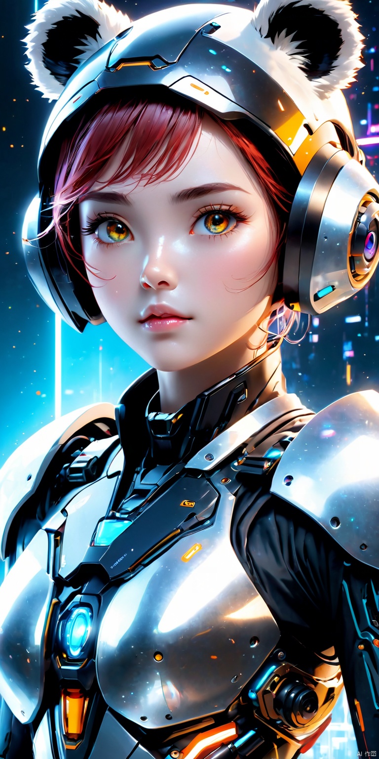 (((Cute girl's face, mechanical body))), cyberpunk mecha, (panda helmet), bright eyes, space background, detailed characterization, master level, mecha reflection, advanced rendering, sharp, The mecha is integrated with the body, clear bones, blood flow, exquisite facial features, colorful transparent infusion hose, ((Masterpiece)), illustration, best quality, very detailed CG unified 8k wallpaper, a very delicate and beautiful, game_cg, ((upper body)), cinematic lighting, hyper-realistic, (realistic style), solo, ultra-detailed, (telephoto lens)