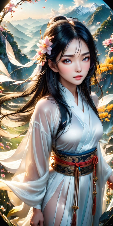  HD, CG, extreme details,  HD, CG, extreme details, fairy style, an oriental beauty, exquisite facial features, clear pupils, moist lips, long black hair, white silk Hanfu, streamers, standing on a flying sword, emitting sword energy, flowers everywhere on the mountains, super detailed Details, ultra-high resolution, 8k, fisheye lens, beautiful, super detailed Details, ultra- high resolution, 8k, fisheye lens, beautiful, xihua
