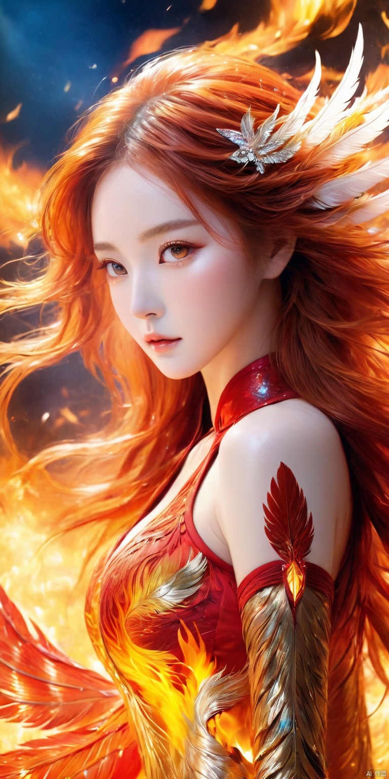 ((Masterpiece)), ((Extreme Resolution)),((Extremely clear)),((Handsome Beauty)),(Beauty with Phoenix Wings),(Phoenix),(((Crown of Phoenix Tail))),Light makeup,(Delicate face),Flame long hair,(long red hair),the Exquisite Face,The red pupil,((((feathers))),(((Phoenix Wings))),((((Fire Armor))),Hot and spicy,sexy,a plump breast,(Long thighs),elegant,The best quality,a complex background,Kunlun mountain