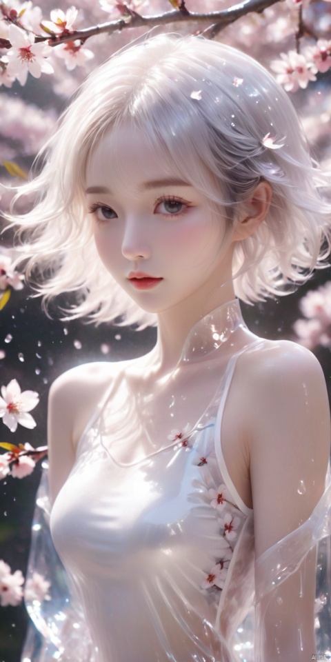  HD Ultra HD, highest quality girl masterpiece exquisite CG detailed facial description messy hair white short hair white pupils white transparent undershirt wet body perfect collarbone girl close-up cherry blossom tree (white transparent shirt covers the chest)