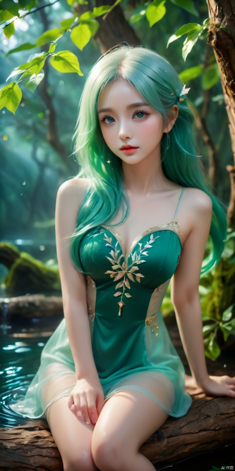  HD, CG, extreme details, fairy style, fisheye lens, exquisite facial features, clear pupils, moist lips, ((4k,masterpiece,best quality)), professional camera, 8k photos, wallpaper Masterpiece, best quality, extremely fine CG unified 8k wallpaper, very fine, texture, fine details, extremely fine and beautiful, delicate and beautiful face, loli,1girl, solo, petite,loli,elf girl,pointy_ears,small breast, :),Trees, huge trees, Sitting on a branch of a tree, (chibi:0.1), masterpiece,bestquality, white hair,green hair,green eyes,symbol-shaped pupils, bangs, breasts,cross-shaped pupils, hair ornament, gradient hair,bare foot, , ((super detailed details)), ultra- high resolution, 8k, fisheye lens, beautiful, xihua