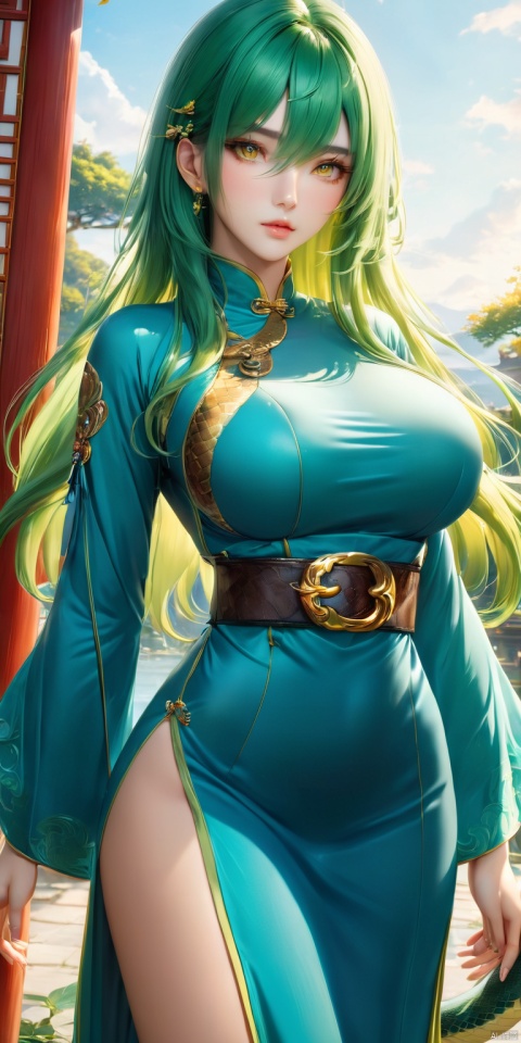  HD, CG, extreme details, exquisite facial features, clear pupils,professional camera, 8k photos, wallpaper, 1girl, solo, long hair, breasts, looking at viewer, bangs, large breasts, long sleeves, dress, holding, green eyes, standing, yellow eyes, green hair, belt, wide sleeves, hair over one eye, blue dress, chinese clothes, eyes visible through hair, side slit, snake, 8k, xihua