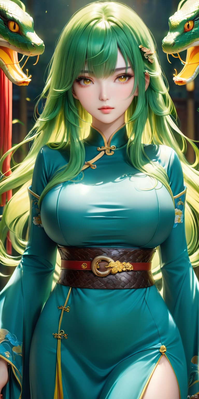  HD, CG, extreme details, exquisite facial features, clear pupils,professional camera, 8k photos, wallpaper, 1girl, solo, long hair, breasts, looking at viewer, bangs, large breasts, long sleeves, dress, holding, green eyes, standing, yellow eyes, green hair, belt, wide sleeves, hair over one eye, blue dress, chinese clothes, eyes visible through hair, side slit, snake, 8k, xihua