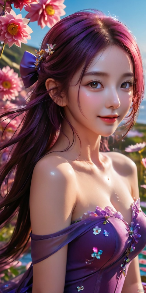  HD, CG, extreme details, fairy style, fisheye lens, exquisite facial features, clear pupils, moist lips, ((4k,masterpiece,best quality)), professional camera, 8k photos, wallpaper Masterpiece, best quality, extremely fine CG unified 8k wallpaper, very fine, texture, fine details, extremely fine and beautiful, delicate and beautiful face, best shadow, official art, correct body proportions, Ultra High Definition Picture, master composition)), (bust:1.2), (best hands details:1.4), absurdres,1girl,beautiful detailed girl,fine and beautiful detailed skin,purple hair,twintails,purple eyes,diamond-shaped pupils,hair ornament,cone hair bun,long hair,double bun,bangs,bow,hair flower,hair bow,hair ribbon,microskirt,perky breasts,collarbone,high heels,pantyhose,extremely detailed beautiful background,CG,8K wallpaper,girl middle of flower,pure sky,clear sky,outside,(absurdly long hair:1.1),clear boundaries of the cloth,fantastic scenery,(ground of flowers:1.1),(thousand of flowers:1.1),(colorful flowers:1.1),(flowers around her:1.1),(various flowers:1.1),(bare shoulders),Movie Poster,smile,;d,fang,cleavage,water drop,see-through, wet and messy, ray tracing,reflectionlight, ((super detailed details)), ultra- high resolution, 8k, fisheye lens, beautiful, xihua