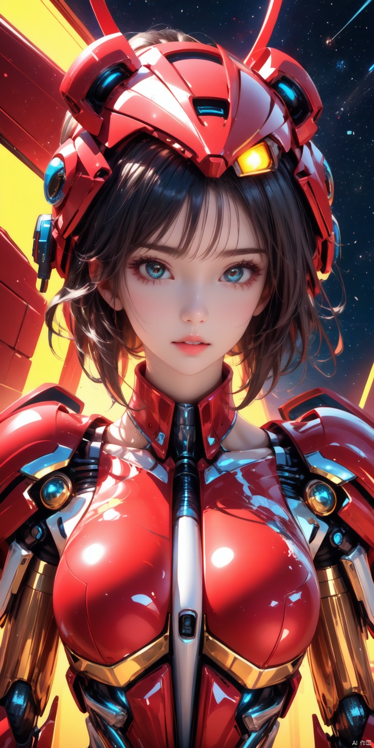 (((Cute girl's face, mechanical body))), cyberpunk mecha, (panda helmet), bright eyes, space background, detailed characterization, master level, mecha reflection, advanced rendering, sharp, The mecha is integrated with the body, clear bones, blood flow, exquisite facial features, colorful transparent infusion hose, ((Masterpiece)), illustration, best quality, very detailed CG unified 8k wallpaper, a very delicate and beautiful, game_cg, ((upper body)), cinematic lighting, hyper-realistic, (realistic style), solo, ultra-detailed, (telephoto lens)