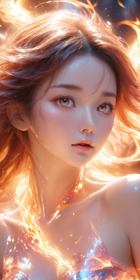 masterpiece, best quality, ultra-detailed, detailed pupils, photography, pale, realistic skin texture, 1girl, Simple background, indoor, lying, on back, from front, blush, brown eyes, close-up, uncensored, clear background, Glowing particles, lightning and thunder, messy hair, Phoenix, Solo, charming woman, ((flame ketone body)), messy flame long hair, glowing hair, floating hair, flame pupils, flame tube top, upper body, Beautiful detailed eyes, beautiful detailed face, ((flame wings)), ((transparent flame wrap)), phoenix behind, high definition, ultra high definition, 16K high quality, highest quality, masterpiece, masterpiece, top CG rendering, (Long flame hair), messy hair, bright flame wings, exquisite facial features, big ((real eyes)), crystal pupils, exquisite appearance, beautiful eyes, long eyelashes, silver pupils, light makeup , hot body, light pink skin, delicate, smooth and reflective, perfect collarbone, (transparent lace scarf), silk tube top, ((full breasts)) (large size breasts), ((flame ketone body)), (hot body covered with flames, enchanting), delicate, smooth and shiny pale pink skin, perfect figure, (glossy thighs), hot, close-up, realistic, real texture, real photos, cinematic feel, high quality, Studio lighting, telephoto, depth of field, large depth of field masterpiece, top CG rendering, highest image quality, ultra-clear, flame beauty