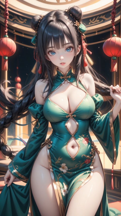 1girl, solo, long hair, breasts, looking at viewer, bangs, blue eyes, black hair, dress, cleavage, bare shoulders, medium breasts, standing, braid, cowboy shot, detached sleeves, hair bun, twin braids, lips, clothing cutout, covered navel, chinese clothes, cleavage cutout, china dress, green dress