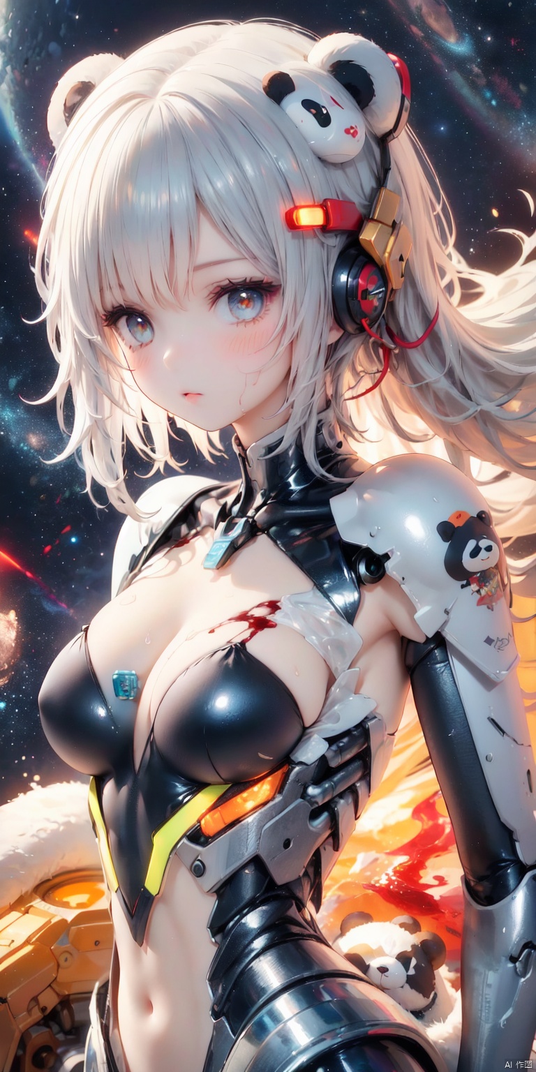(((Cute girl's face, mechanical body))), cyberpunk mecha, (panda helmet), bright eyes, space background, detailed characterization, master level, mecha reflection, advanced rendering, sharp, The mecha is integrated with the body, clear bones, blood flow, exquisite facial features, colorful transparent infusion hose, ((Masterpiece)), illustration, best quality, very detailed CG unified 8k wallpaper, a very delicate and beautiful, game_cg, ((upper body)), cinematic lighting, hyper-realistic, (realistic style), solo, ultra-detailed, (telephoto lens)