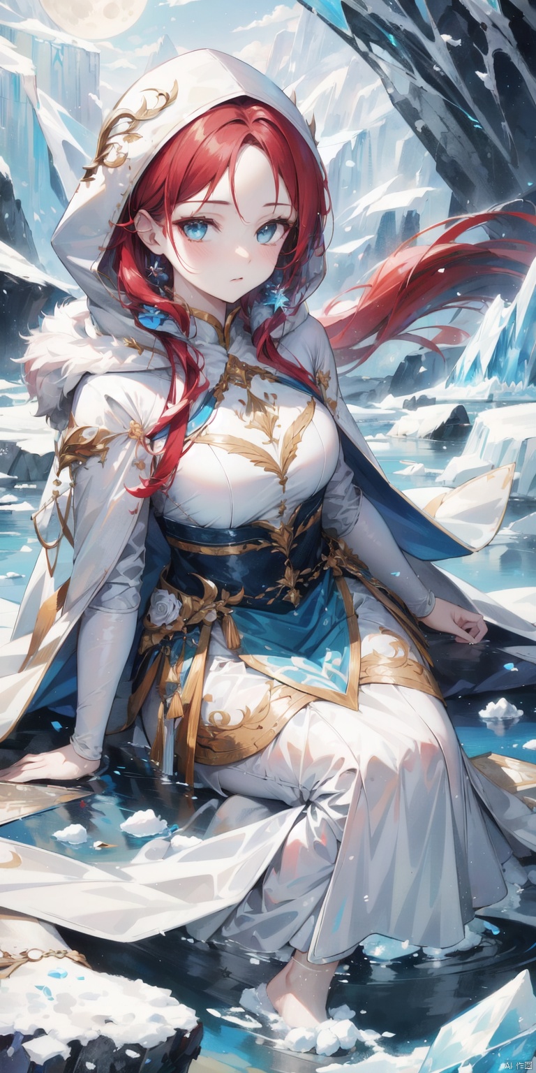  (A cold woman in an ice shooter costume sits on the edge of an ice cliff,Archer with ice bow:1.2),(Red hair: 1.5),(Blue fluffy hood,blue colored eyes,White hair,Delicate and beautiful face:1.3),Fine and perfect anatomy,dynamicposes,snowy day,Fantasyart,There is a white wolf next to him,Background of glaciers,Beneath your feet are ice cliffs,blanche_Blue gradient rendering,Highest image quality,Highest high resolution,high detal,Object shadows,Dynamic light sources,Cloudy days,Screen dim,tmasterpiece,offcial art,Whole body diagram,The white wolf lay beside the woman,Detail portrayal of hair,,moonriver,tianqingniu,flower,1 girl