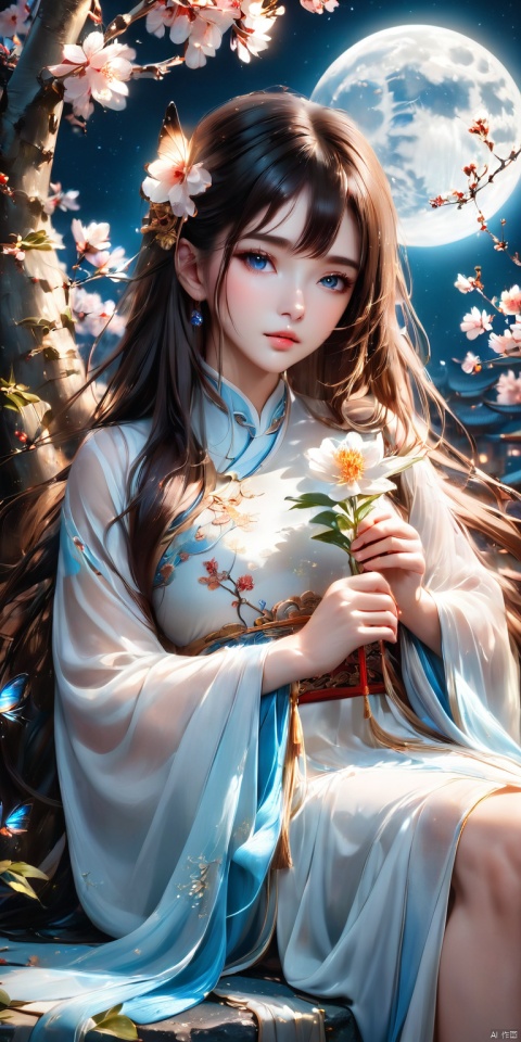 HD, CG, extreme details, fairy style, exquisite facial features,(super clear pupils), 8k, wallpaper, 1girl, solo, long hair, looking at viewer, blue eyes, brown hair, black hair, long sleeves, dress, holding, sitting, closed mouth, flower, wide sleeves, white dress, lips, night, chinese clothes, moon, cherry blossoms, full moon, stairs, branch, holding flower, 8k, xihua