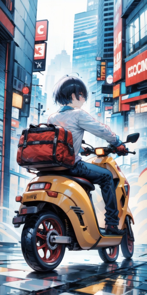 Ultra-clear, ultra-detailed, ((detailed depiction)), sweaty delivery boy, two-wheeled electric scooter, street, lively, exquisite food, ultimate picture quality, CG